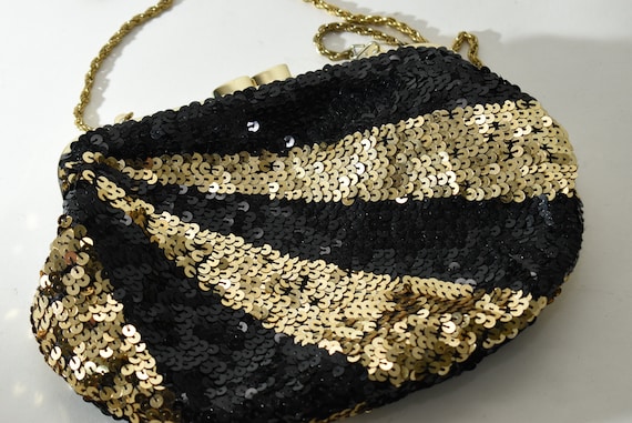 Vintage La Reagle Black + Gold  Sequin Evening Ba… - image 2