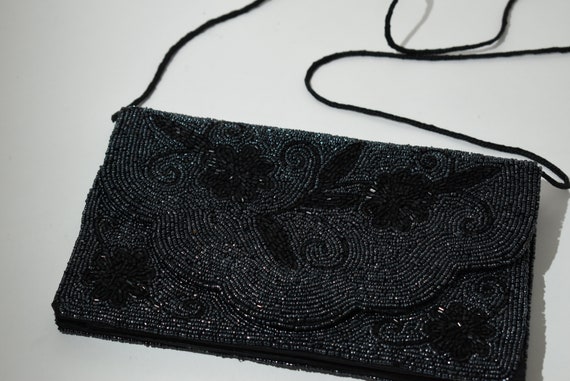 Vintage Black Floral Bead Clutch, Toni Signed Pur… - image 8