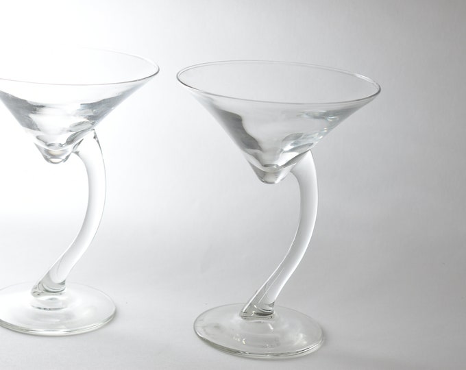 Set of 2 Clear Martini Glasses, Curved Stem Cocktail Glasses, Fancy Barware, Wedding Party