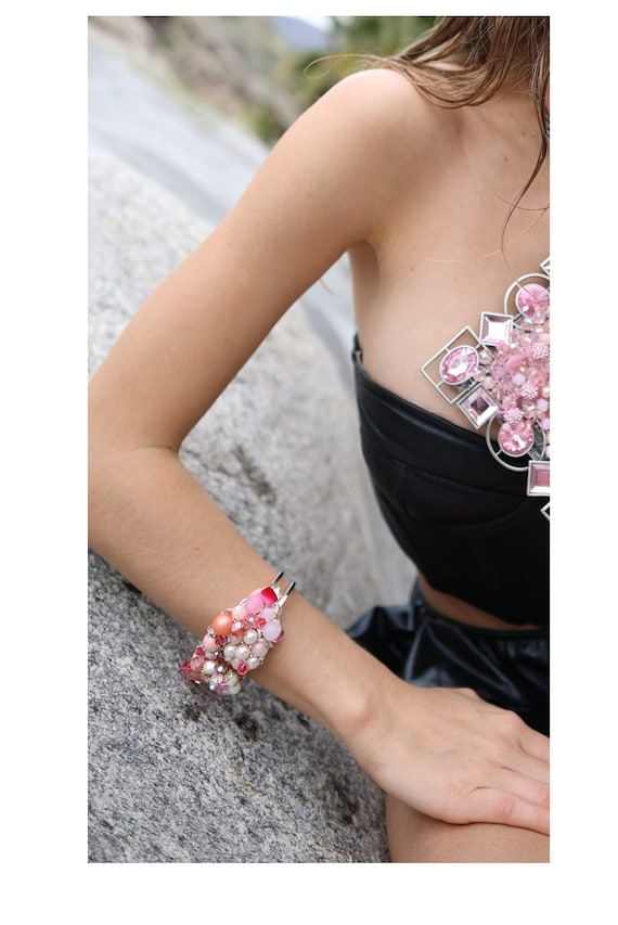Pink Silver Filigree  Clamper Bracelet, Vintage H… - image 1