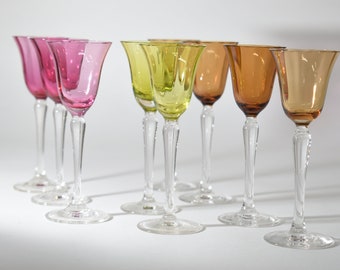 9 Colorful Cordial Glasses, Mixed Color Barware, Aperitif Glasswaret, Vintage Cocktail Glasses,  Retro Bar Shot Glasses, Multi Color Barware