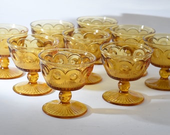9 Vintage Bartlett Collins Amber Goblets, Sherbert Cocktail Wine Thumbprint Mid Century Golden Amber Pressed Glassware, Amber Dessert Cups
