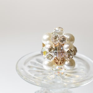 Pearl Rhinestone Cocktail Ring: Vintage Inspired Hollywood Glam
