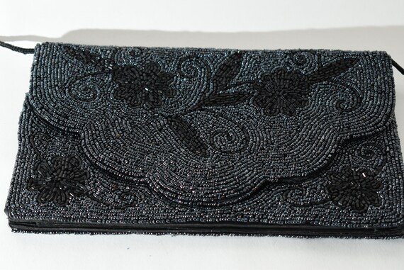 Vintage Black Floral Bead Clutch, Toni Signed Pur… - image 2