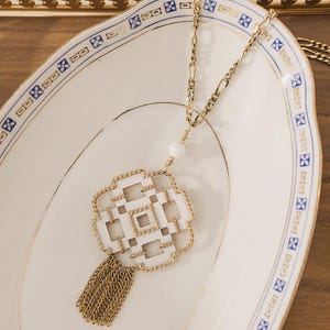 White + Gold Rope Tassel Necklace, Statement Necklace, Upcycled Vintage Necklace, Gold Chain Necklace, OOAK Tassel Necklace