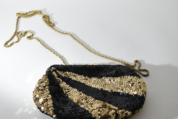 Vintage La Reagle Black + Gold  Sequin Evening Ba… - image 5