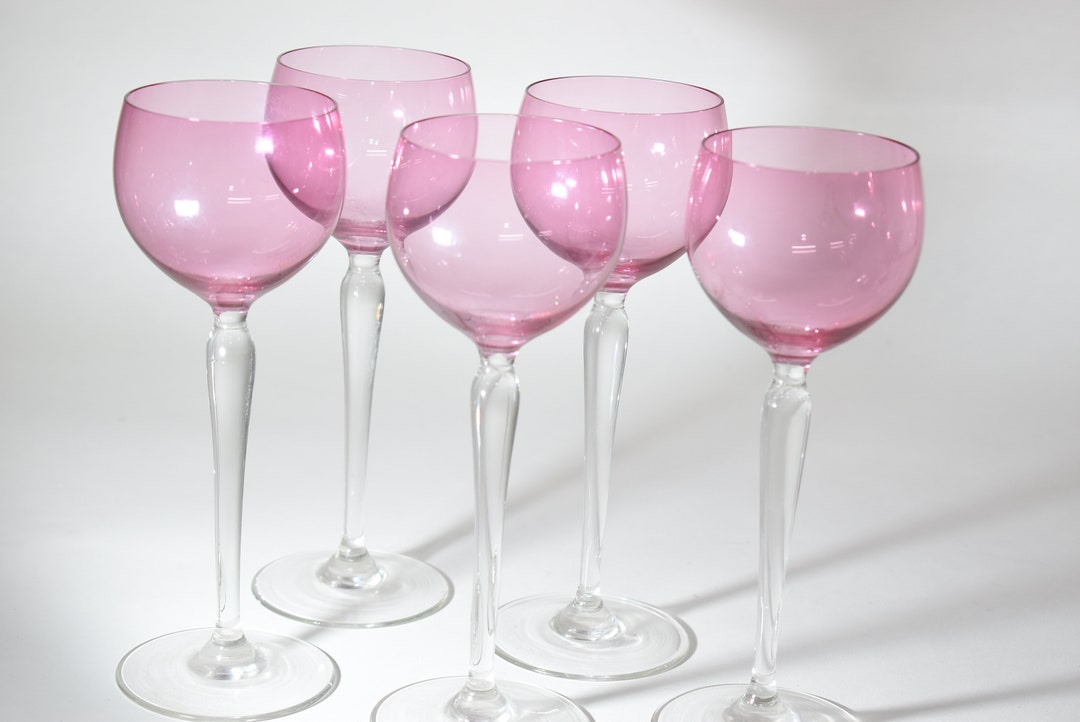 Pink Cocktail Glasses, Set of 5 Vintage Wine Glasses, Pink Barware