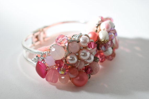 Pink Silver Filigree  Clamper Bracelet, Vintage H… - image 7