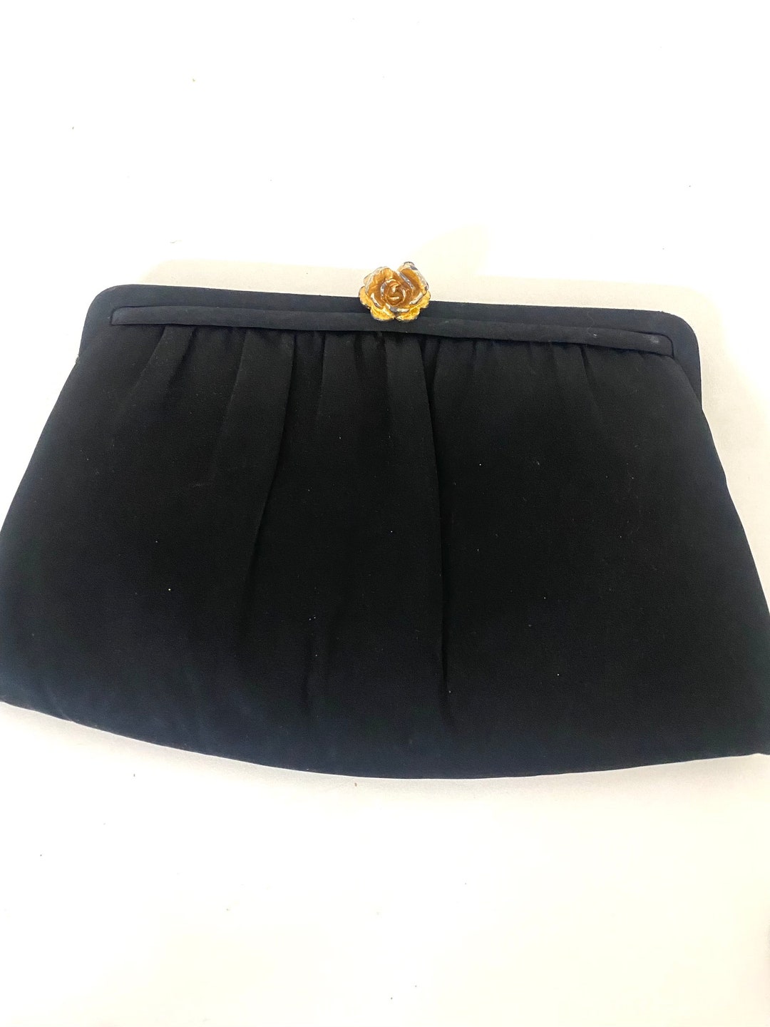Vintage Black Clutch Gold Rose Clasp, Black Evening Purse, Vintage