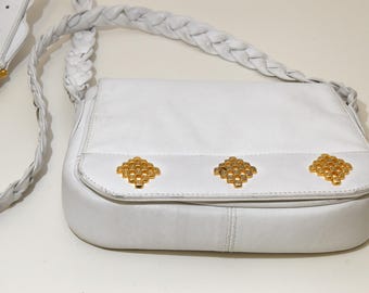 Vintage White Crossbody Purse: Braided Strap, Gold Decoration