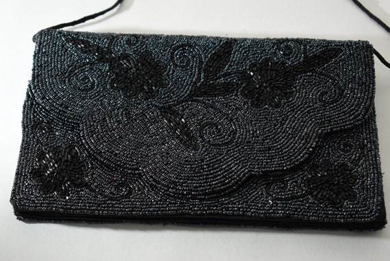 Vintage Black Floral Bead Clutch, Toni Signed Pur… - image 1