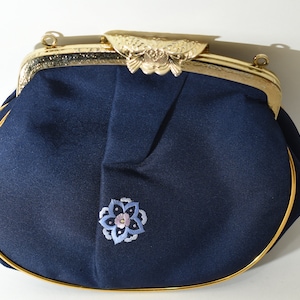 Vintage Blue Flower Bag Gold Piping,  Embroidered Flower Purse Gold Hardware,  Wedding Party Blue Bag, Round Purse Filigree Foldover Closure