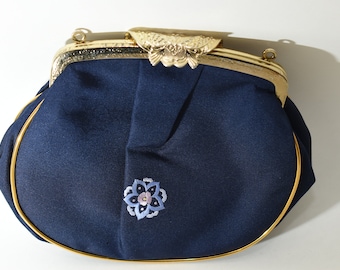 Vintage Blue Flower Bag Gold Piping,  Embroidered Flower Purse Gold Hardware,  Wedding Party Blue Bag, Round Purse Filigree Foldover Closure
