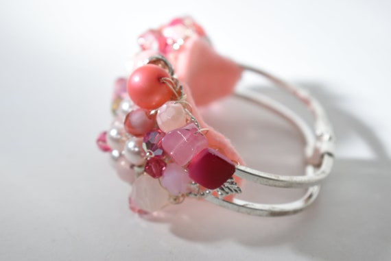 Pink Silver Filigree  Clamper Bracelet, Vintage H… - image 4