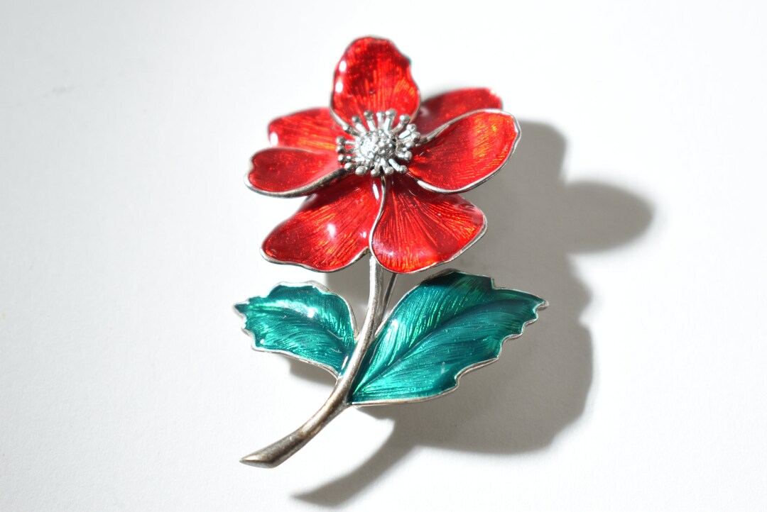 Red Flower Pin on Stem Vintage Flower Brooch Flower Etsy
