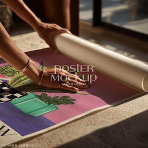 Poster Mockup With Person I Rolled Up Unrolling Rolling I Detailed CloseUp Hands A4 A3 ISO Smart Object Template Flat PSD Photoshop