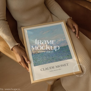 Frame Mockup With Person, A2 A3 A4 A0 A1 Realistic Hand, Minimal Poster, Woman Holding Thin Wood, PSD Photoshop Home Interior Template DIN
