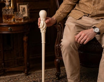 タコ型ハンドル付き杖、男性用手彫り木製サポートスティック、航海クラーケンテーマギフト、カスタム長さウィザードスタッフ、ユニークなアートアート