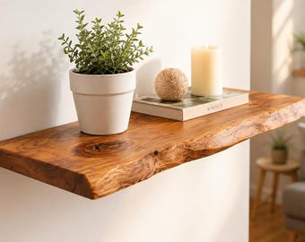 Live Edge Floating Shelf, Solid Walnut Wall Mounted Bookshelf, Rustic Ash Wood Shelves for Kitchen, Japandi Home Decor, Hidden Bracket