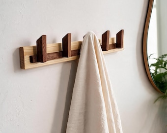 Bathroom Towel Rack with Hooks, 16 Inch Solid Wood Wall Hanger, Robe Hook Rail, Wooden Coat Rack, Key Holder for Entryway and Hallway