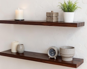 Solid Ash Floating Shelf, Dark Walnut Wood Wall Shelf with Bracket, Modern Open Kitchen Shelving, Rustic Plant Display, Heavy Duty Shelf