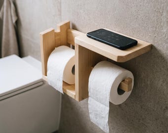Wooden Toilet Paper Holder with Shelf, Double Toilet Roll Holder, Wall Mounted Bathroom Organizer, Extra Toilet Paper Storage