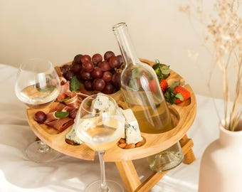 Wine Picnic Table with Glass Holders, Wooden Folding Outdoor Table for Wine and Snacks, Romantic Gift for Couples, Patio Wine Tray