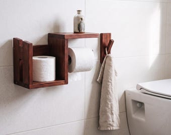 Toilet Paper Holder with Storage, Extra Roll Holder, Bathroom Organizer, Wall Mounted Toilet Roll Shelf, Towel Hook, Small Bathroom Storage