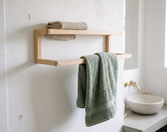 Solid Wood Bathroom Shelf with Towel Rack, Wall Mounted Wooden Organizer, Two Tier Towel Holder, Minimalist Bath Decor