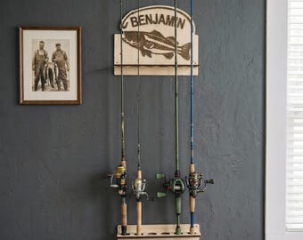 Personalized Fishing Rod Holder with Name, Custom Wooden Fishing Pole Rack, Unique Birthday Gift for Fisherman, Wall Mount Rod Organizer