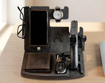Custom Wooden Docking Station with Gun Holder, Personalized Pistol Stand Desk Organizer, Mens Nightstand Phone Rack, Fathers Day Gift