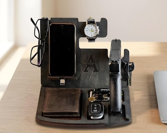 Custom Tactical EDC Tray Organizer, Personalized Military Deployment Gift, Wooden Valet Stand for Nightstand, Police Pocket Dump Station