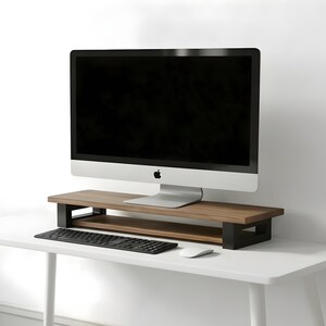 Support surélevé en bois pour écran avec étagère de rangement, grand organiseur de bureau, rangement pour clavier, étagère de bureau minimaliste, aménagement de bureau à domicile