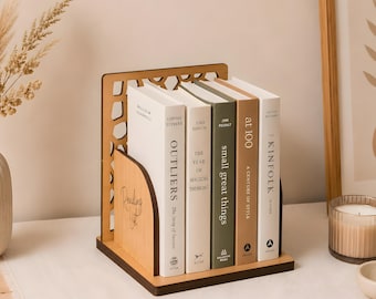 Personalized Wooden Book Stand, Custom Mini Library Desk Organizer, Laser Cut Bookend, Book Lover Gift, Christmas Gift for Reader, Book Nook