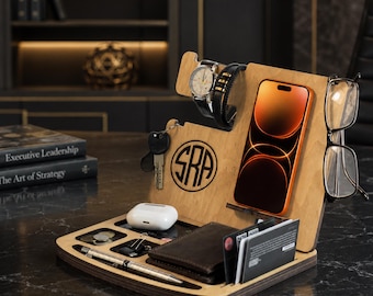 Wooden Docking Station, Personalized Nightstand Organizer, Phone & Watch Stand, Bedside Valet Tray, Anniversary Gift for Husband