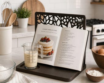 Wooden Cookbook Stand with Measuring Cup Holder, Cookbook Holder for Kitchen Counter, Recipe Book Holder, Wood Tablet Stand, Chef Gift