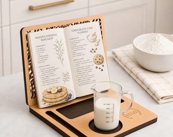 Recipe Book Holder with Mug Coaster, Personalized Chef Gift, Kitchen Tablet Dock, Wooden Cookbook Stand, Baker Gift, Countertop Organizer