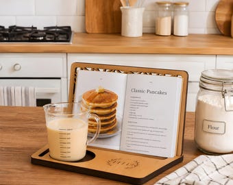 Wooden Kitchen Tablet Dock with Built-in Coaster, Modern Recipe Stand for Countertop, Tech Savvy Chef Gift, Hands-Free Cooking Station