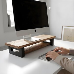 Solid Oak Monitor Stand Desk Shelf, Modern Dual Monitor Riser with Storage, Wooden Desk Organizer, Minimalist Home Office Decor