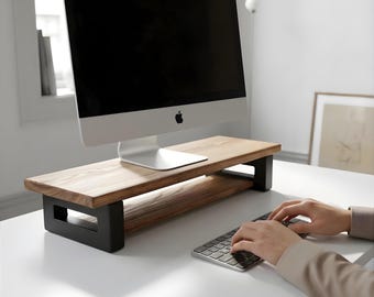 Large Solid Oak Monitor Stand, Modern Dual Monitor Shelf with Under-Shelf Storage, Wooden Desk Organizer, Minimalist Office Decor