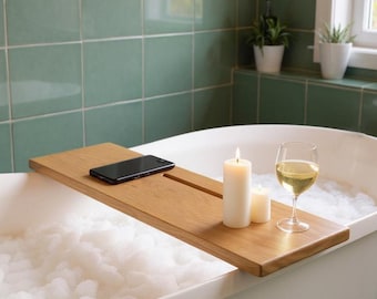 Wooden Bathtub Tray Caddy, Bath Tub Table, Japandi Bathroom Decor, Luxury Spa Caddy Organizer, Scandi Solid Wood Board, Self Care Gift