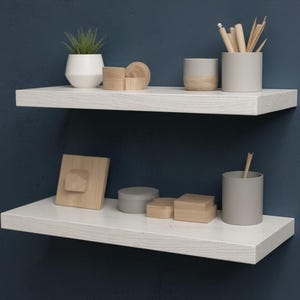 White Floating Shelf Wood, Set of 2 Thick Wooden Shelves, Rustic Modern Wall Decor, Farmhouse Kitchen Spice Rack, Bedroom Display Shelving