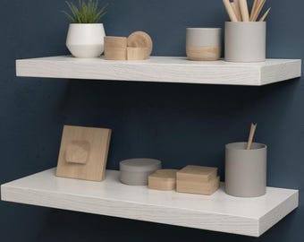 White Floating Shelf Wood, Set of 2 Thick Wooden Shelves, Rustic Modern Wall Decor, Farmhouse Kitchen Spice Rack, Bedroom Display Shelving