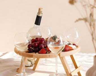 Folding Wooden Wine Picnic Table, Portable Outdoor Patio Wine Tray, Charcuterie Snack Board, Anniversary Wedding Gift for Couples