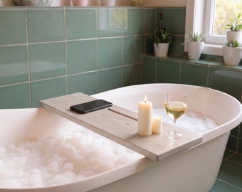 Over The Tub Tray Table, Wooden Bathtub Tray, Handmade Bath Caddy, Spa Bath Organizer, Tablet Holder, Wine and Candle Bath Gift