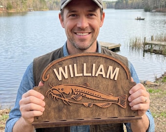 Personalized Fishing Rod Rack, Wooden Fishing Pole Holder Wall Mount, Custom Fishing Gift, Fisherman Dad Birthday Gift, Man Cave Deco
