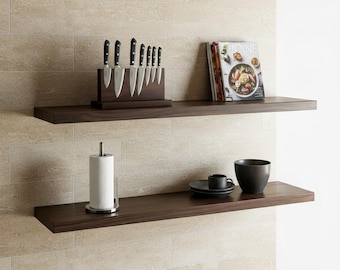 Custom Size Floating Wooden Shelves for Kitchen Wall, Solid Ash Wood Wall Mounted Shelf 15-35 Inch, White Natural Brown Decor