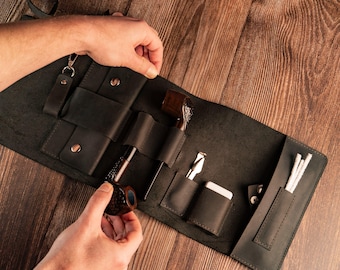 Personalized Leather Pipe Roll Up Bag, Handmade Tobacco Pouch, Pipe Case with Custom Monogram, Gift for Pipe Smoker