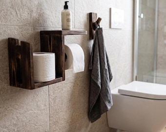 Toilet Paper Holder with Shelf, Extra Roll Storage, Wall Mounted Bathroom Organizer, Wooden Toilet Roll Holder, Small Bathroom Shelf