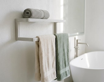 Wooden Towel Rack with Shelf, Wall Mounted Towel Holder, Minimalist Bathroom Organizer, Solid Ash Wood Bath Decor, Modern Towel Rail